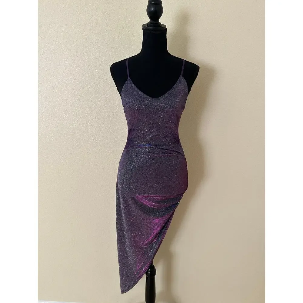 Q Women Purple Glitter Shimmer Asymmetrical Spaghetti Strap Side Ruched Dress S - Picture 8 of 8